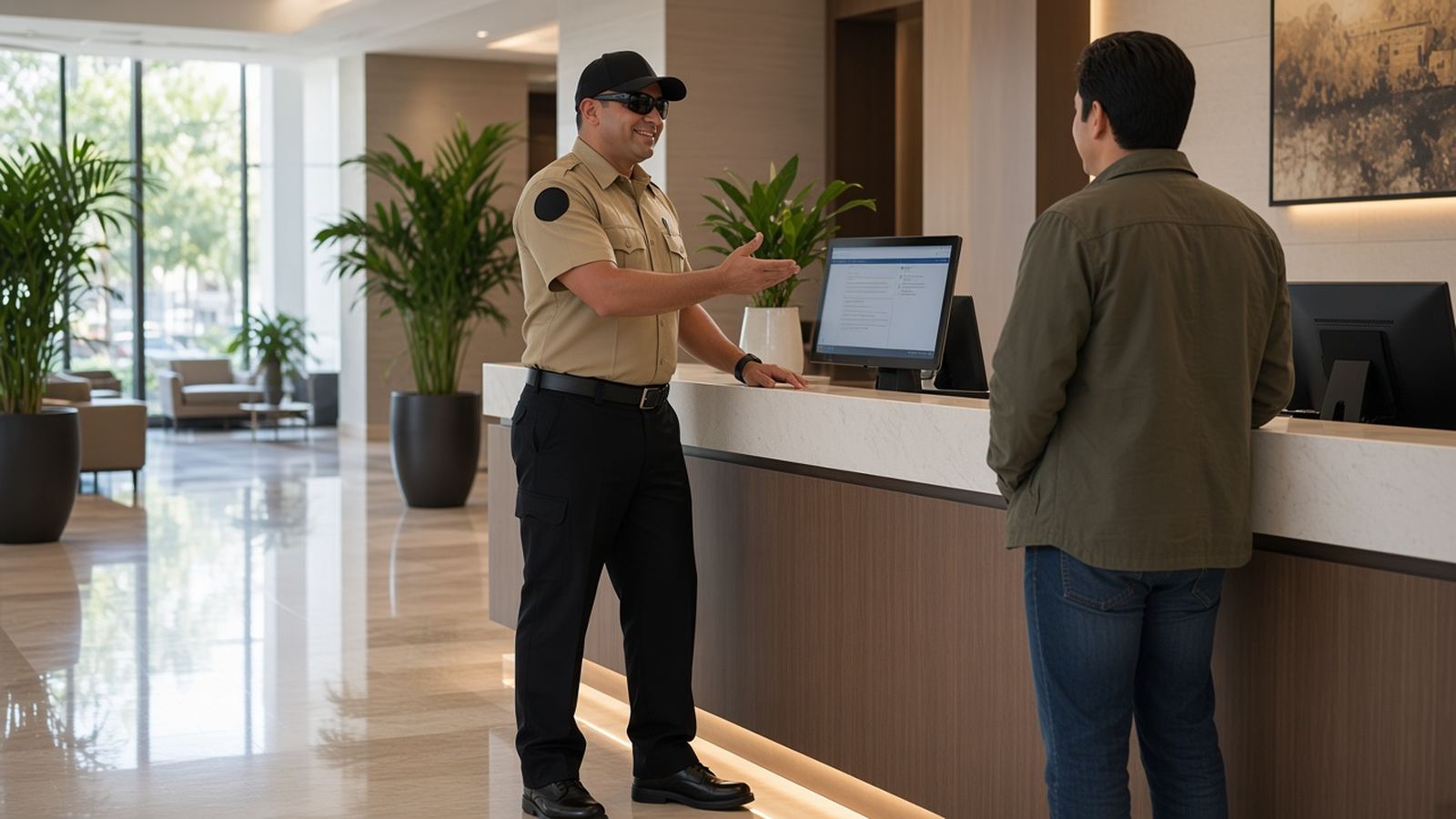 Security officer assisting a guest at a lobby front desk (AI illustration)